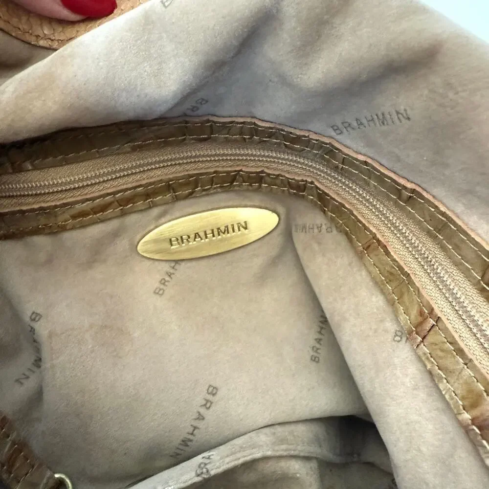 BRAHMIN Snakeskin Embossed Leather‎ Hobo Shoulder Bag Tan Neutral Boho Textured